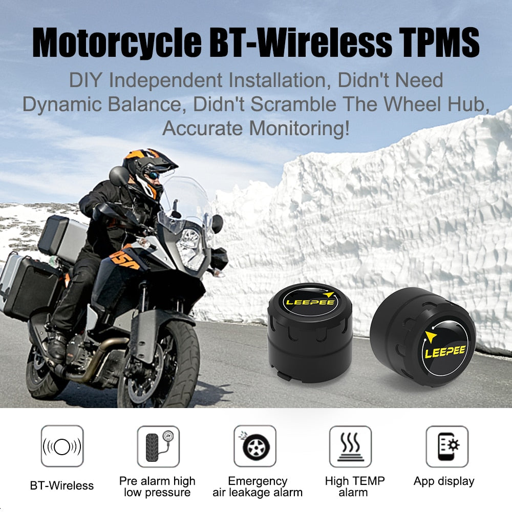 2 Sensors Motorcycle TPMS Bluetooth - Tire Pressure Monitoring System for Android/IOS - Pit Bike and Car Tire Diagnostic Tools and Accessories