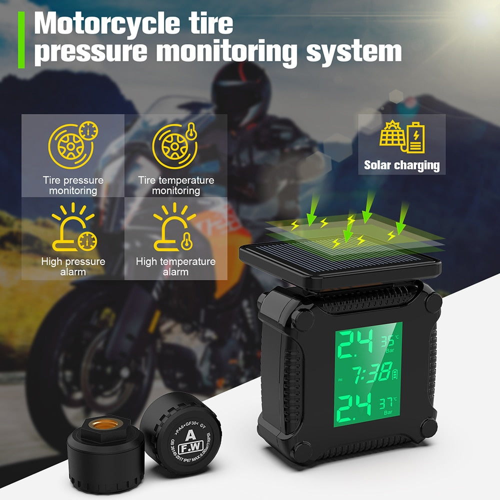 Motorcycle TPMS with 2 Sensors - Waterproof Tire Pressure Monitoring System with Temperature Alarm - Solar Power and USB Charging