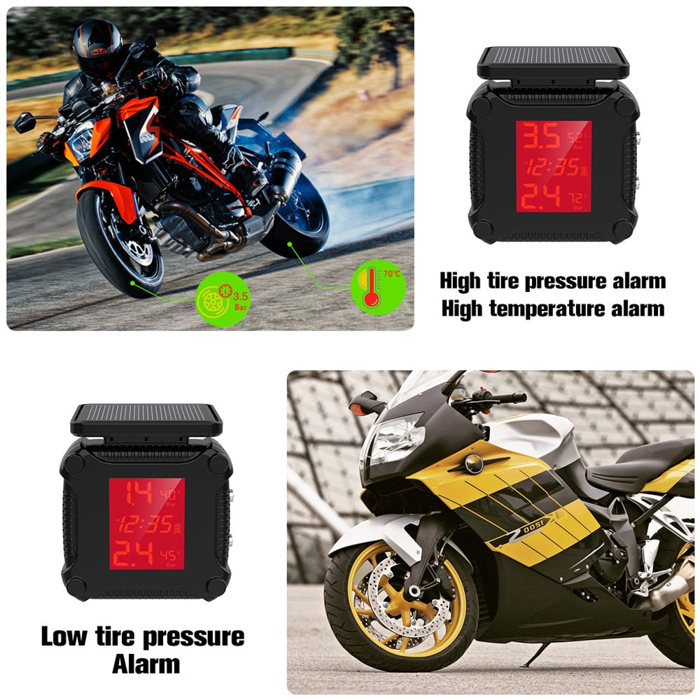 Motorcycle TPMS with 2 Sensors - Waterproof Tire Pressure Monitoring System with Temperature Alarm - Solar Power and USB Charging