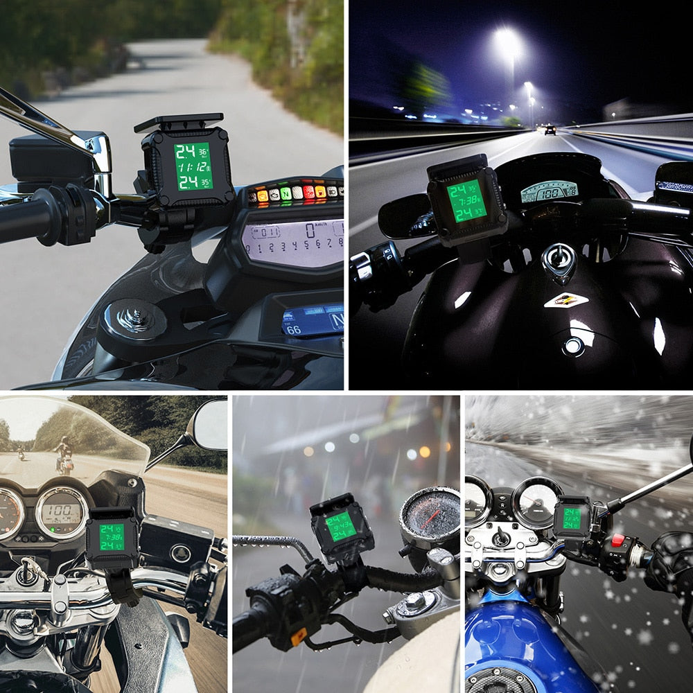 Motorcycle TPMS with 2 Sensors - Waterproof Tire Pressure Monitoring System with Temperature Alarm - Solar Power and USB Charging