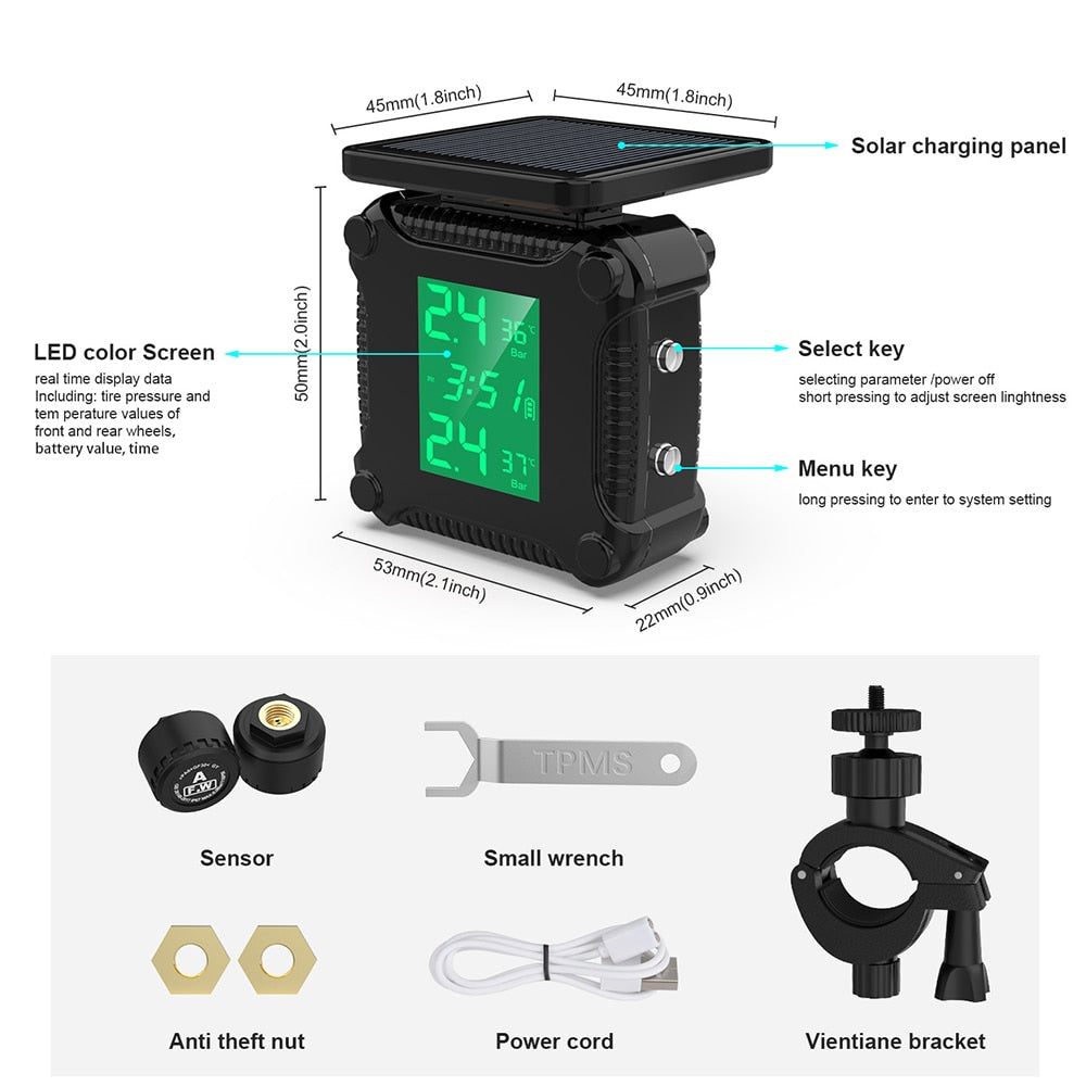 Motorcycle TPMS with 2 Sensors - Waterproof Tire Pressure Monitoring System with Temperature Alarm - Solar Power and USB Charging