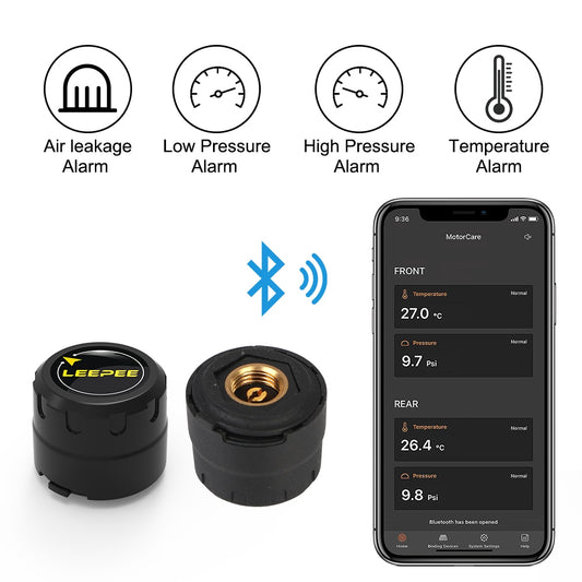 2 Sensors Motorcycle TPMS Bluetooth - Tire Pressure Monitoring System for Android/IOS - Pit Bike and Car Tire Diagnostic Tools and Accessories